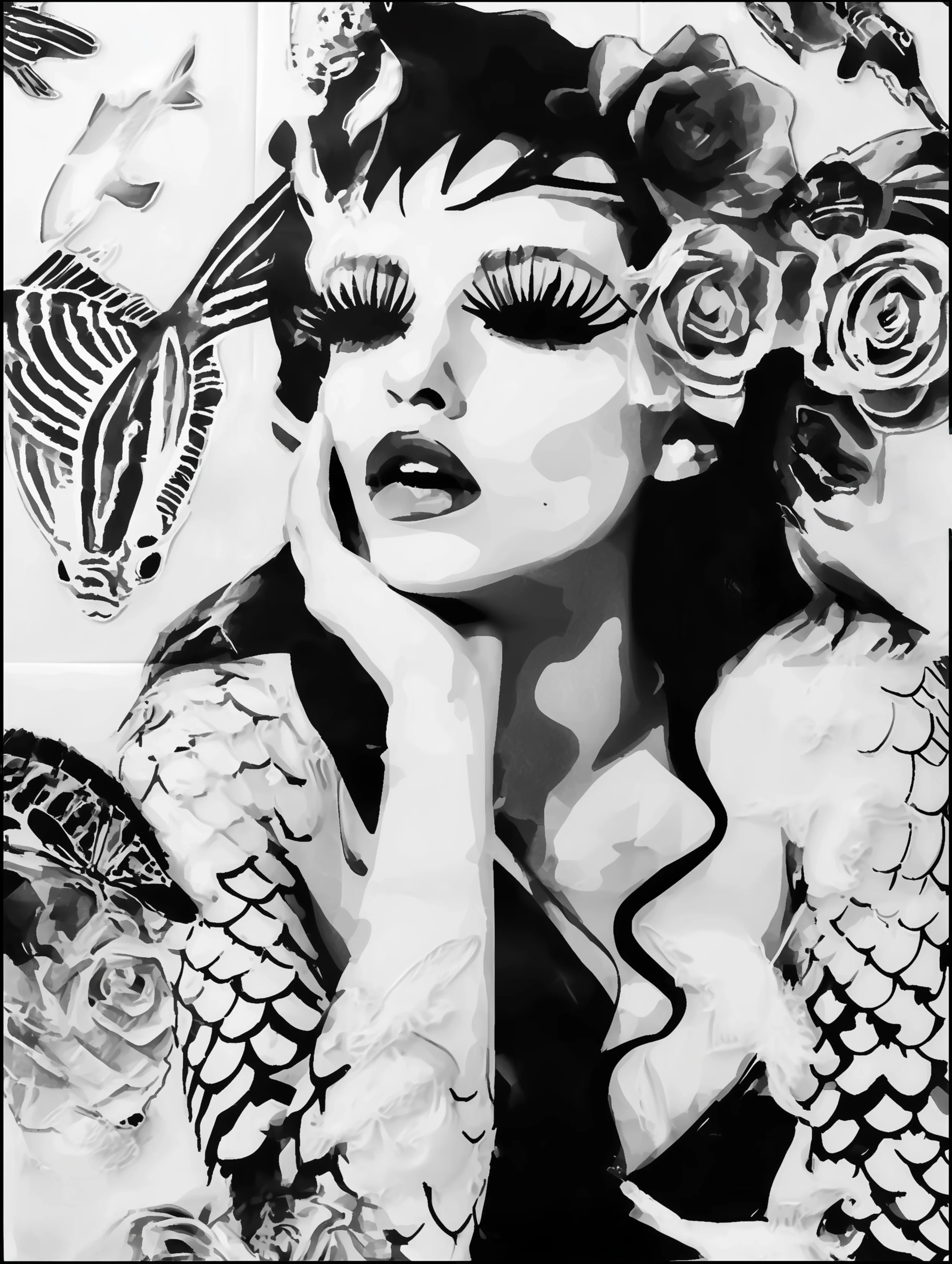 Free printable mermaid coloring page for adults featuring a mermaid with long lashes